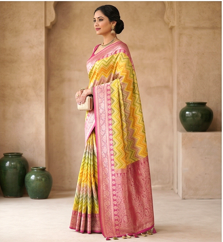 Multicolor Banarsi Semi Khaddi Kathan Handloom Georgette Silk Saree with Zig Zag Design Alna Apparels