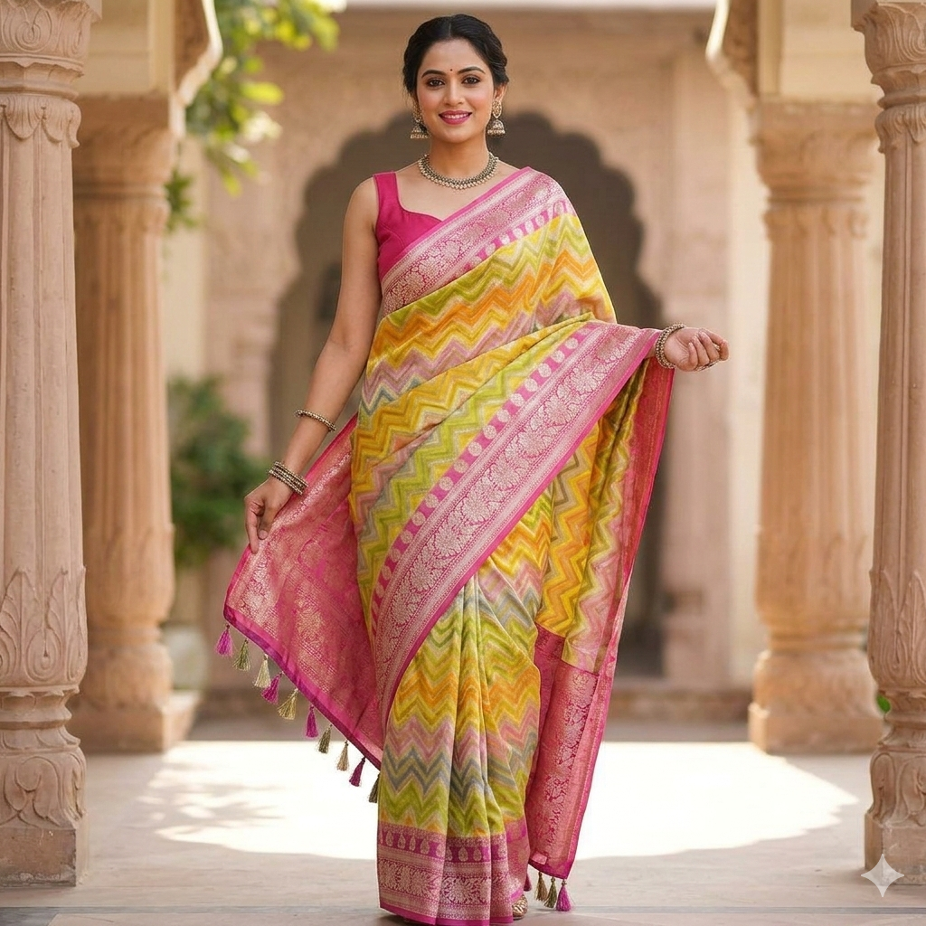 Multicolor Banarsi Semi Khaddi Kathan Handloom Georgette Silk Saree with Zig Zag Design Alna Apparels