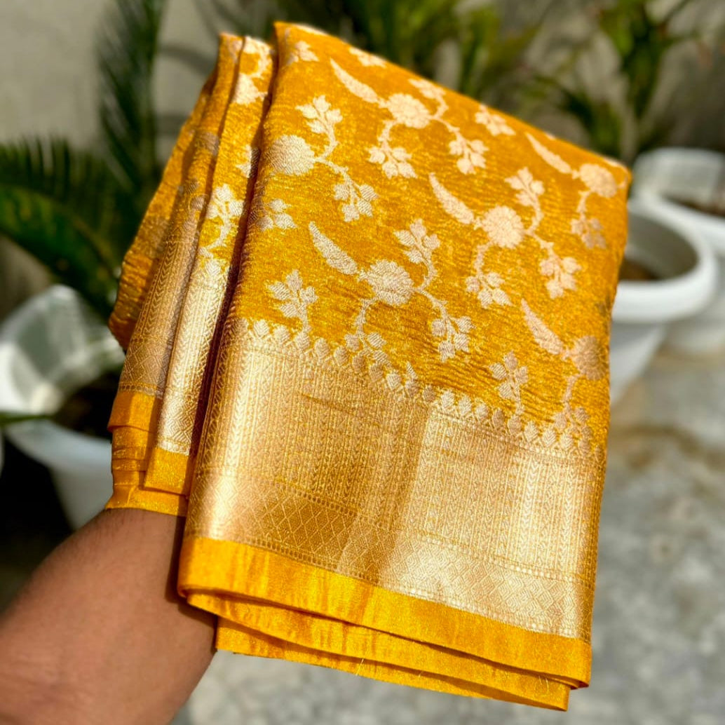 Mustard Banarasi Crush Tissue Silk Saree - Alna Apparels