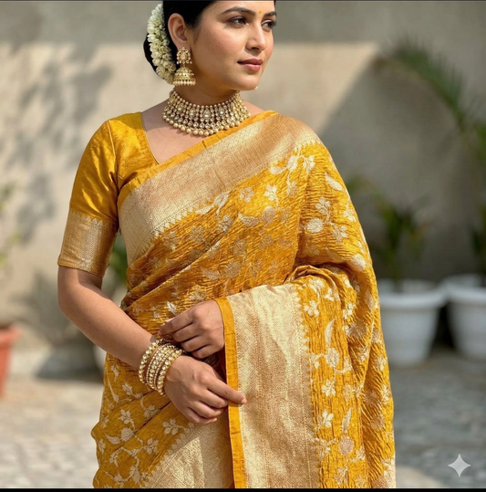 Mustard Banarasi Crush Tissue Silk Saree Alna Apparels
