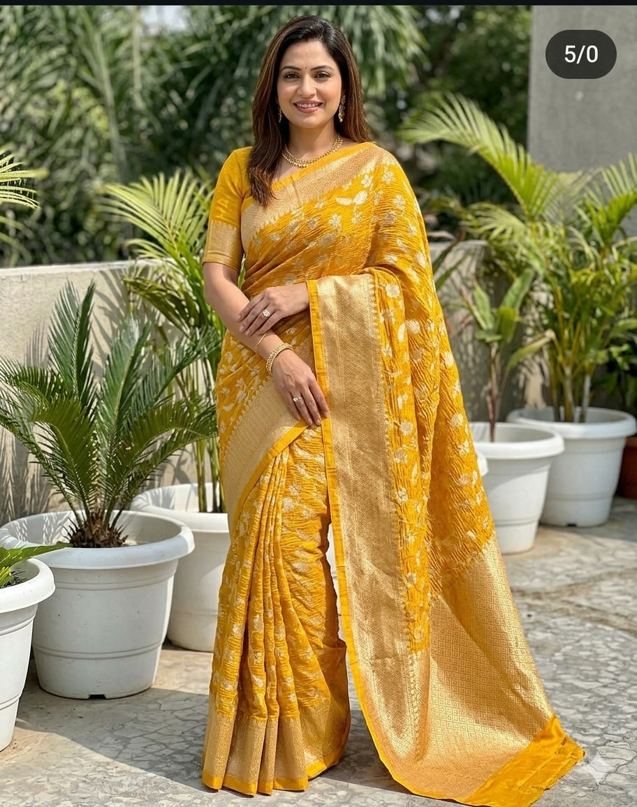 Mustard Banarasi Crush Tissue Silk Saree Alna Apparels