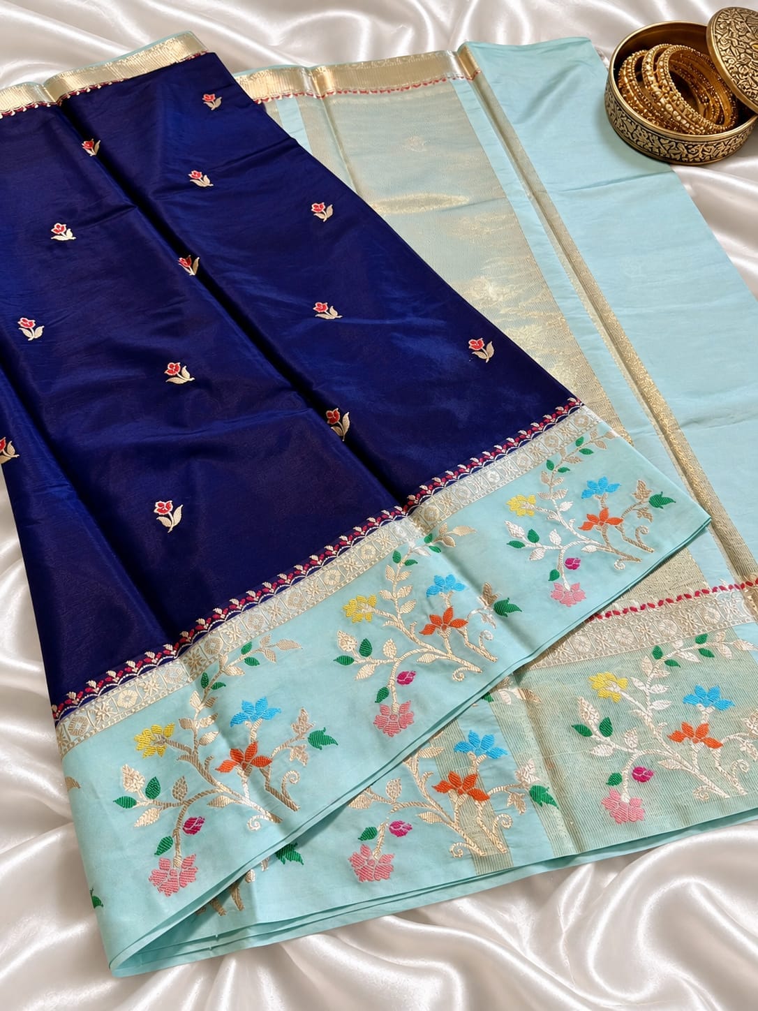 Navy Blue Banarasi Soft Silk Saree Alna Apparels