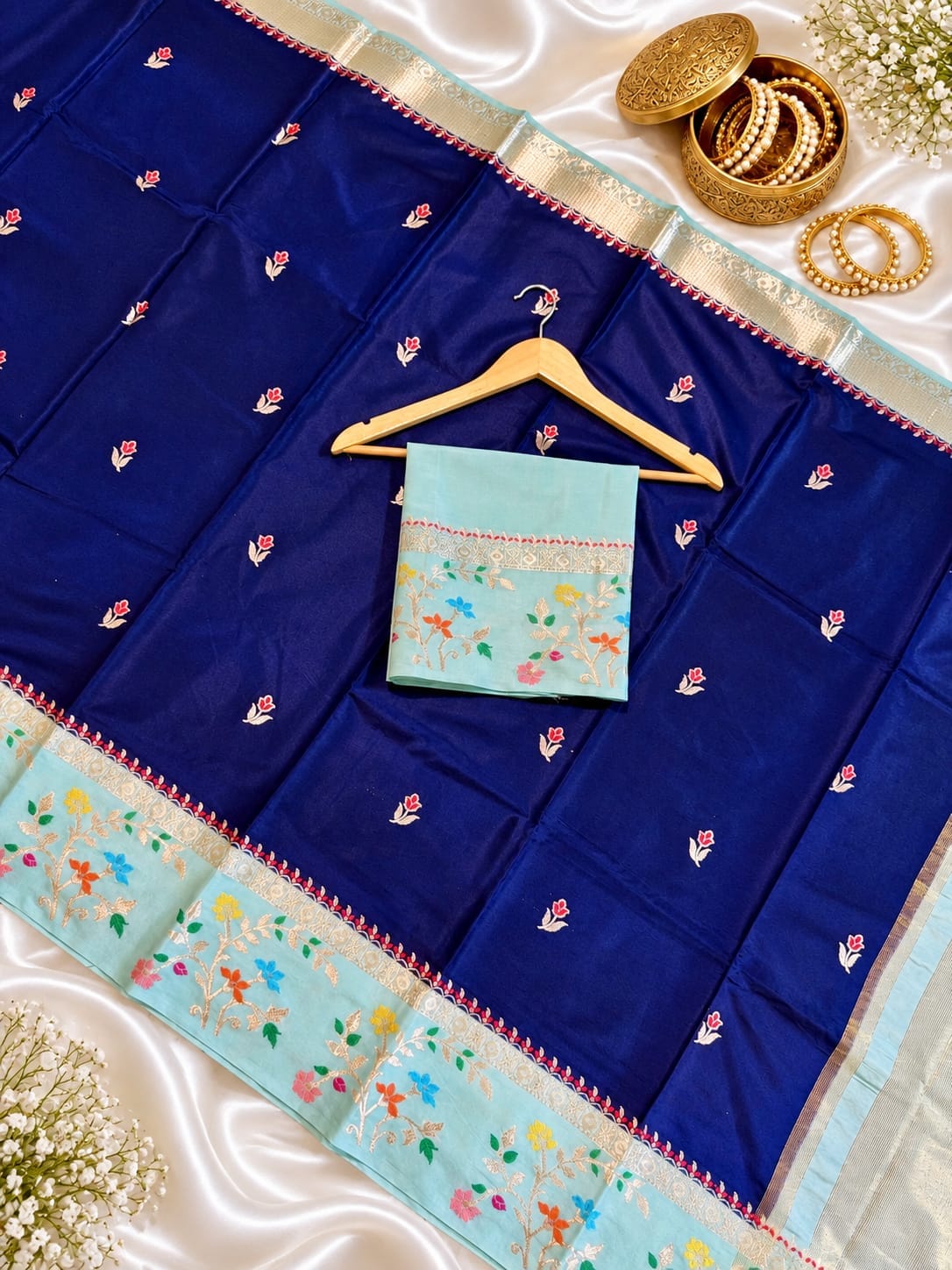 Navy Blue Banarasi Soft Silk Saree Alna Apparels