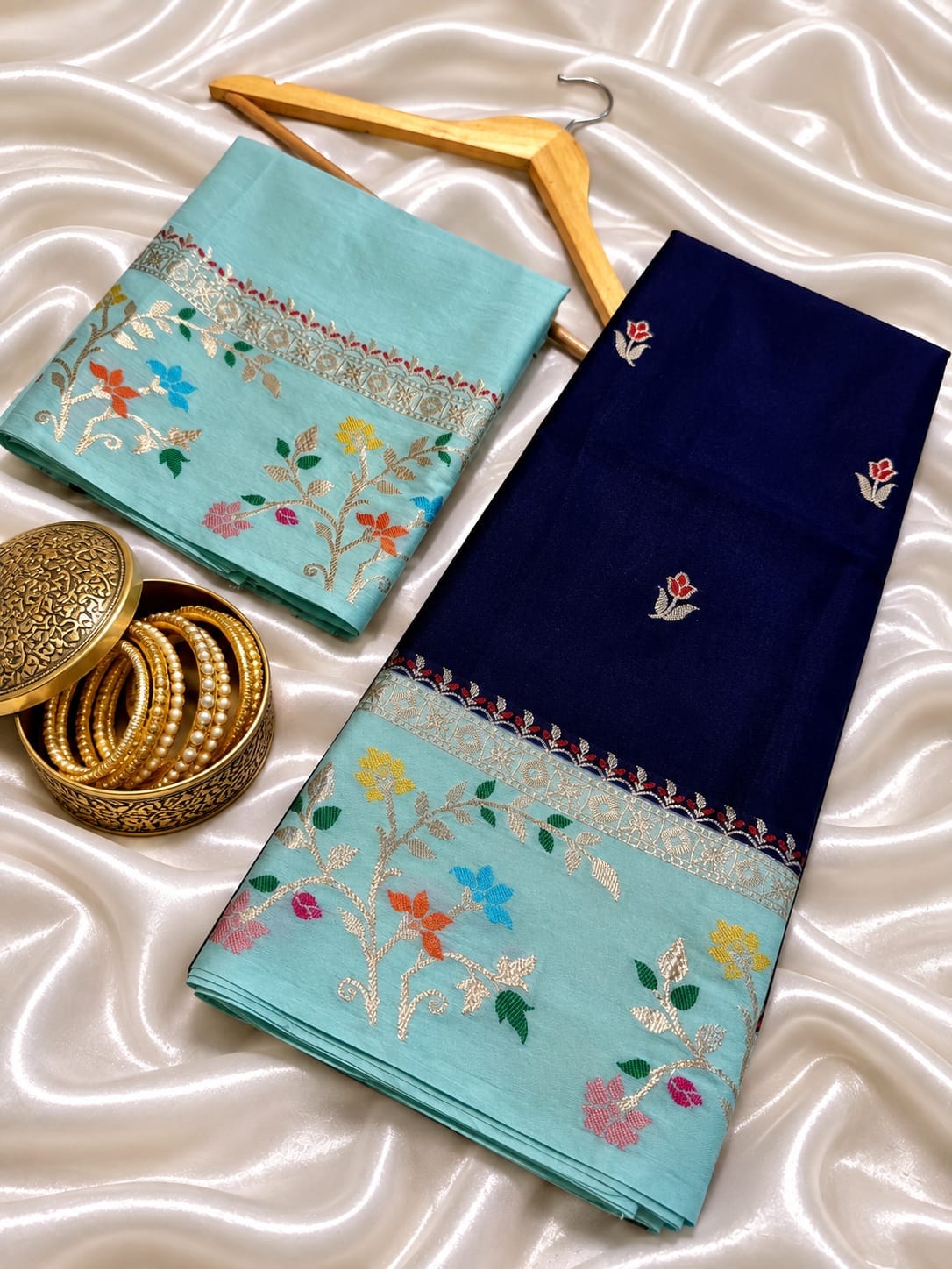 Navy Blue Banarasi Soft Silk Saree Alna Apparels