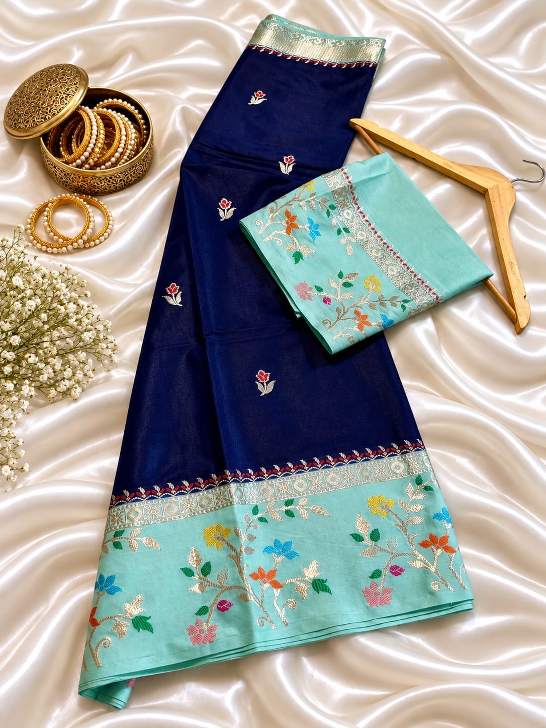Navy Blue Banarasi Soft Silk Saree Alna Apparels