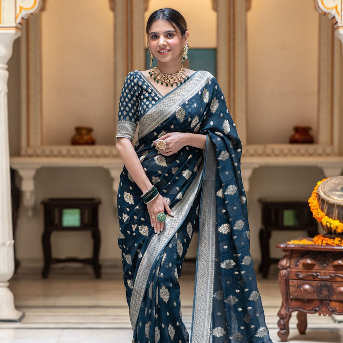 Navy Blue Banarasi Georgette Saree