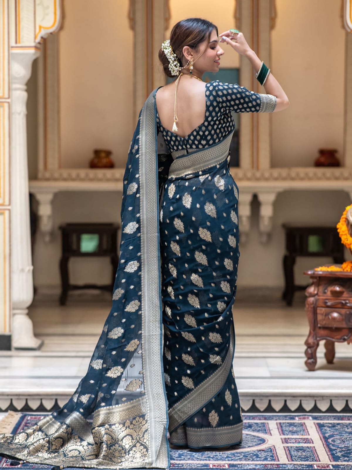 Navy Blue Banarasi Georgette Saree