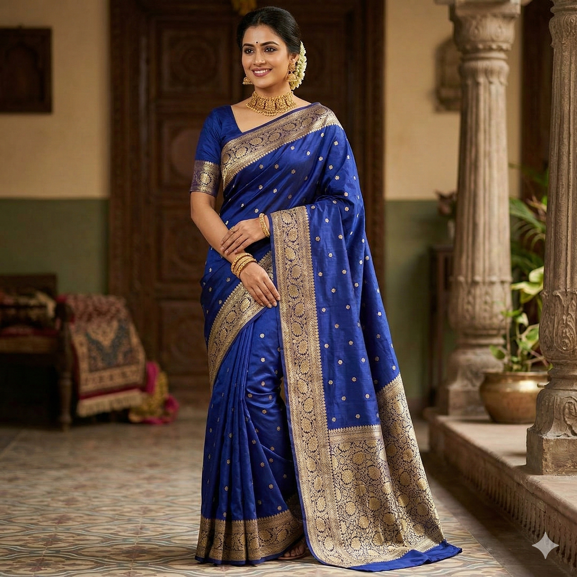 Navy Banarasi Kathan Silk Saree Alna Apparels