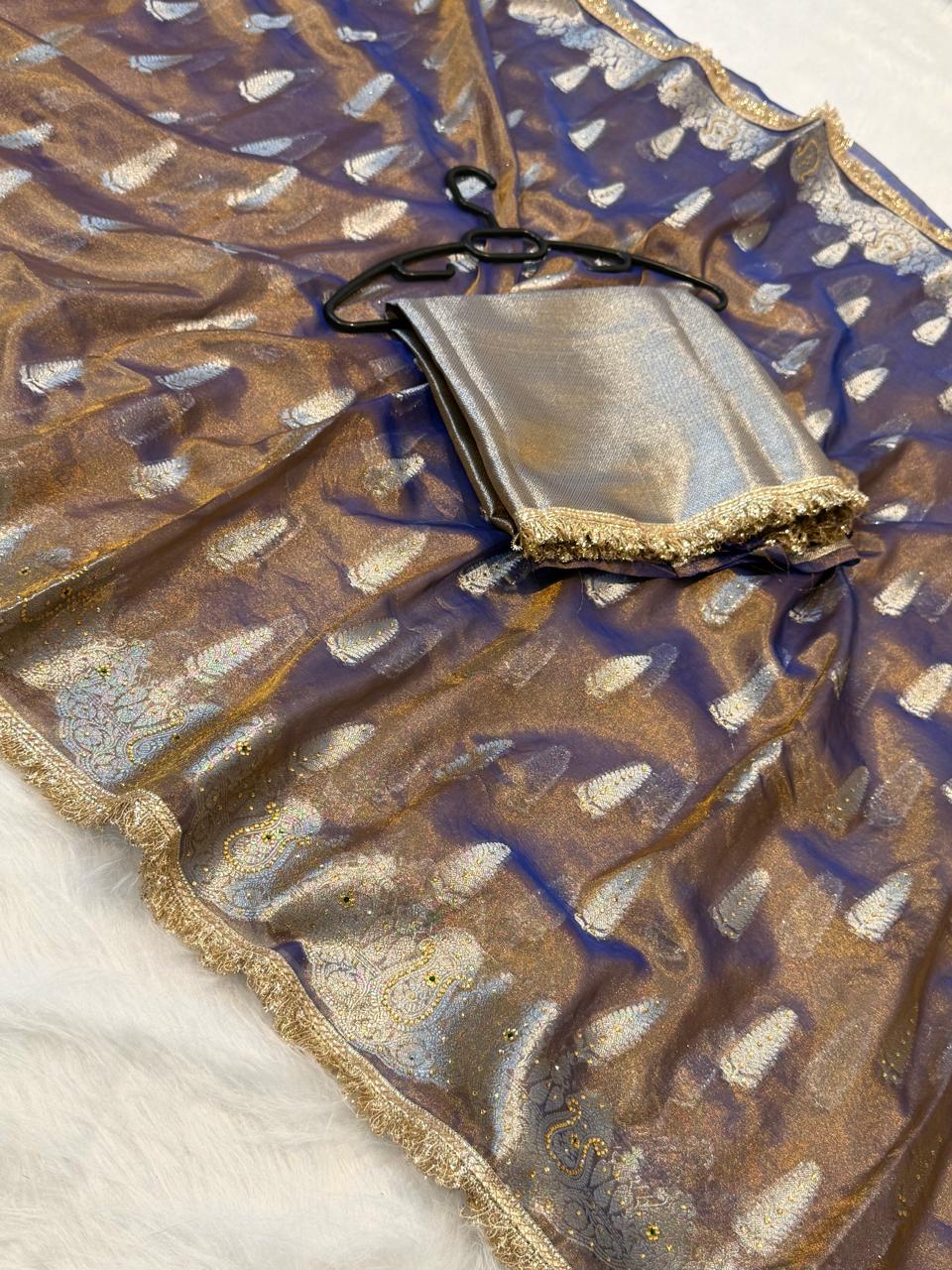 Navy blue Banarasi Tissue Silk Saree Sparkling Stone Work with Lace Alna Apparels