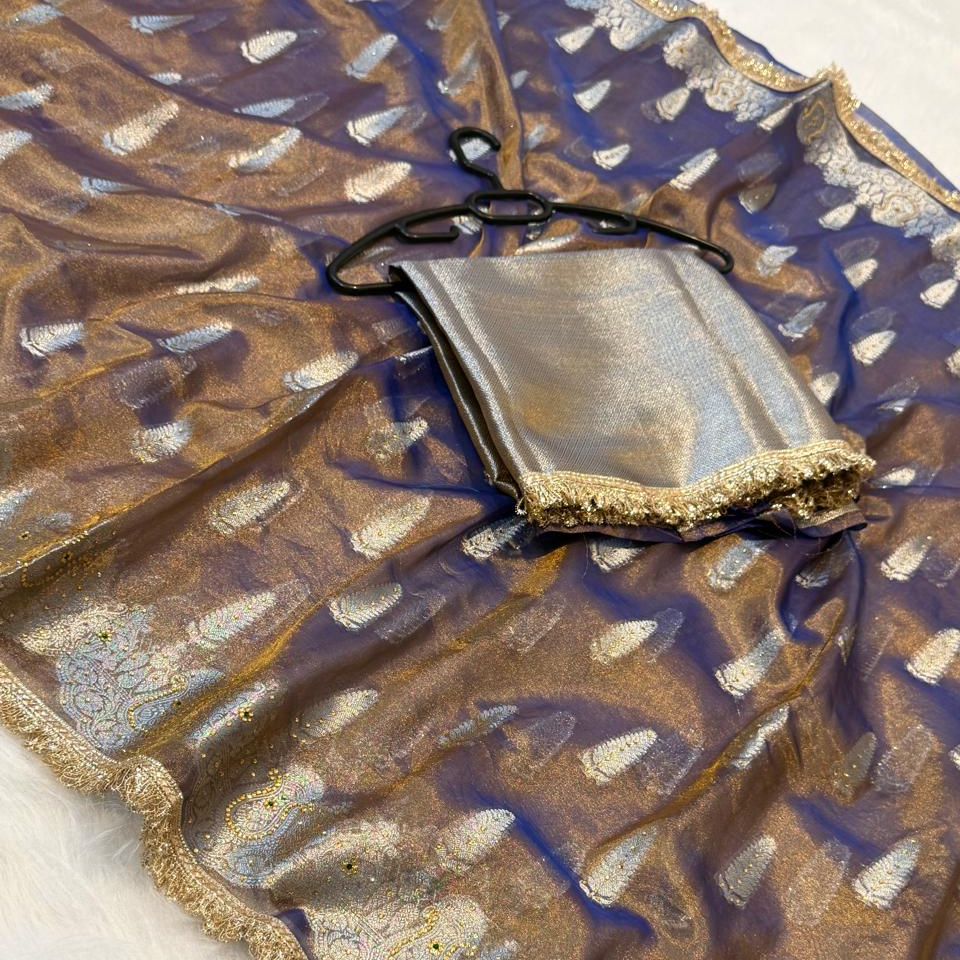 Navy blue Banarasi Tissue Silk Saree Sparkling Stone Work with Lace Alna Apparels