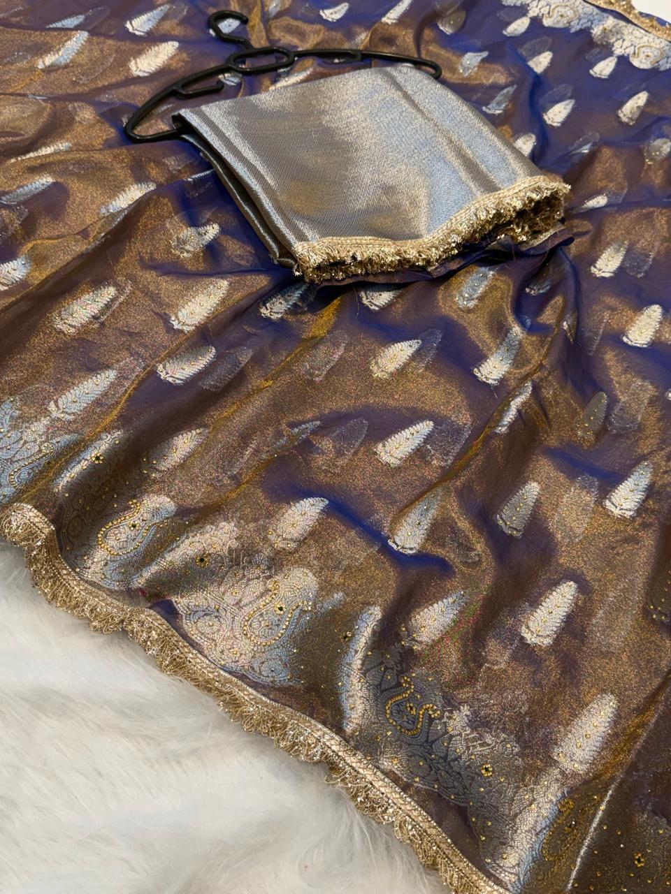 Navy blue Banarasi Tissue Silk Saree Sparkling Stone Work with Lace Alna Apparels