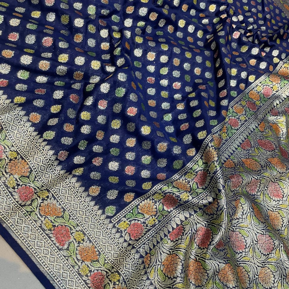 Navy Blue Banarasi Semi Khaddi Kathan Handloom Georgette Silk Saree - Alna Apparels