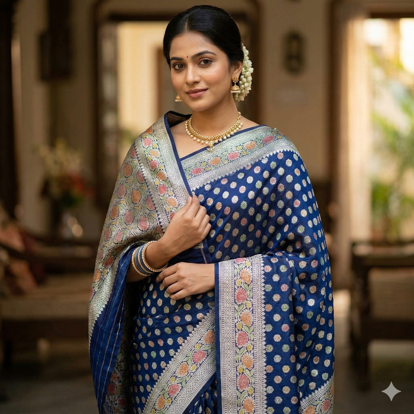 Navy Blue Banarasi Semi Khaddi Kathan Handloom Georgette Silk Saree Alna Apparels