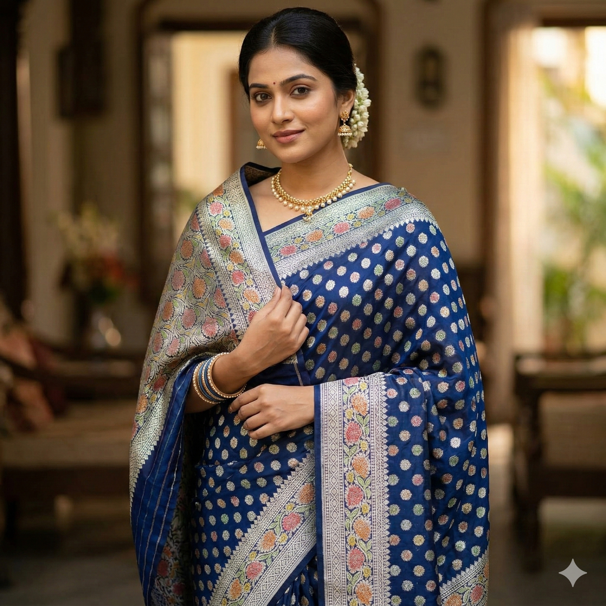 Navy Blue Banarasi Semi Khaddi Kathan Handloom Georgette Silk Saree Alna Apparels