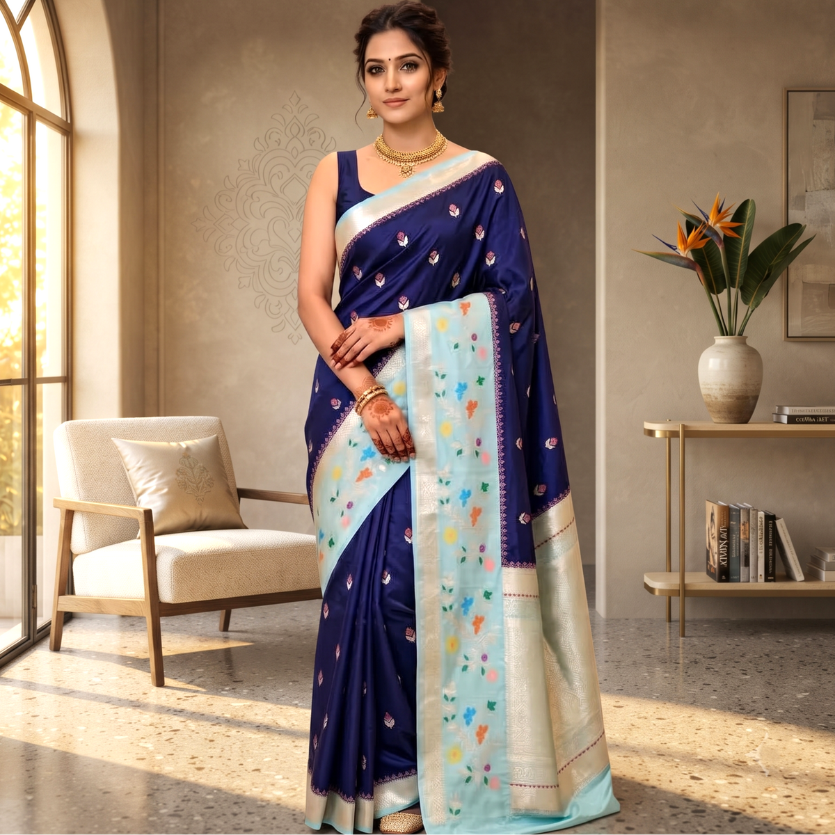 Navy Blue Banarasi Soft Silk Saree Alna Apparels