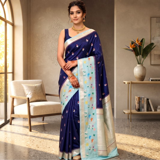 Navy Blue Banarasi Soft Silk Saree Alna Apparels