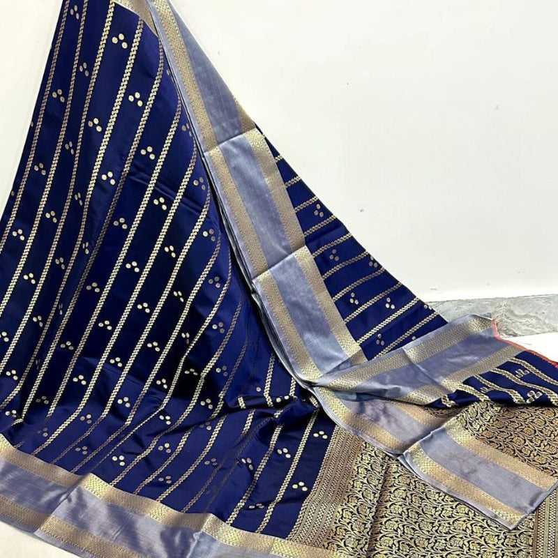 Navy Blue Banarasi Soft Silk Saree - Alna Apparels