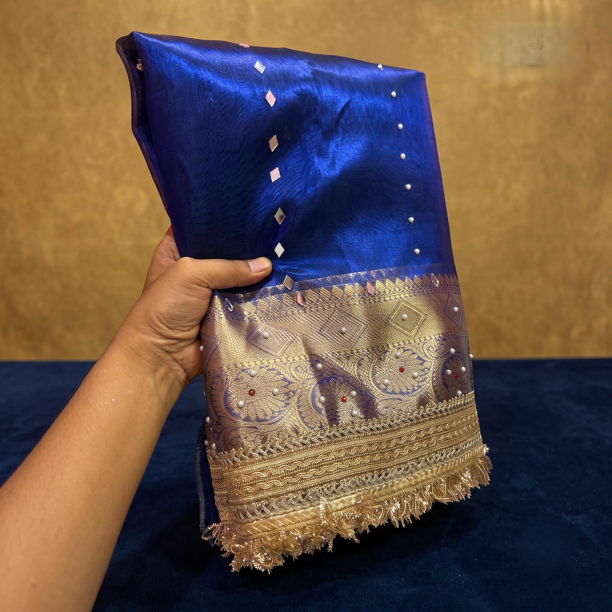 Navy Blue Banarsi Tissue Silk Saree with Lace Work and Mirror Work Alna Apparels