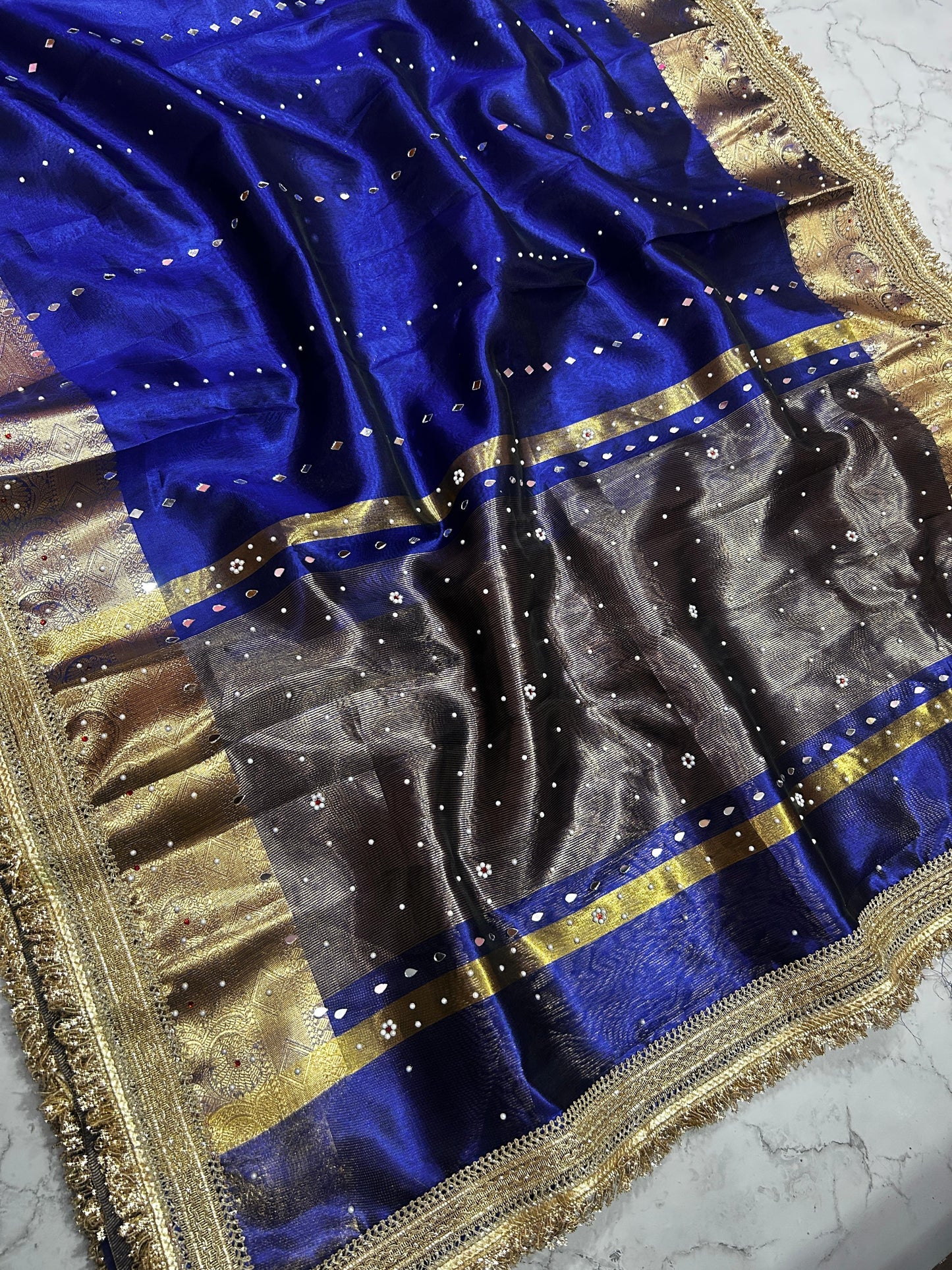 Navy Blue Banarsi Tissue Silk Saree with Lace Work and Mirror Work Alna Apparels