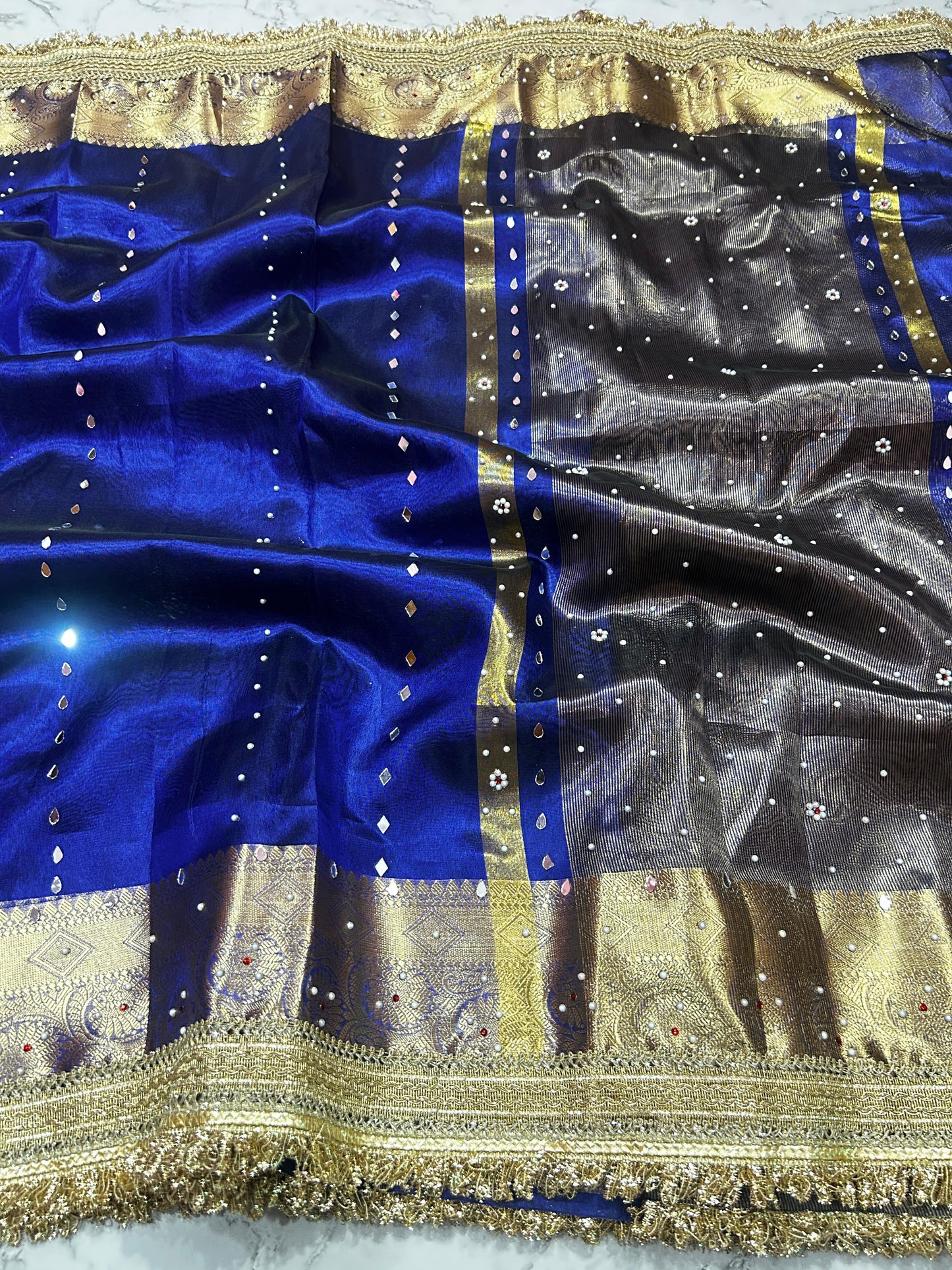 Navy Blue Banarsi Tissue Silk Saree with Lace Work and Mirror Work Alna Apparels