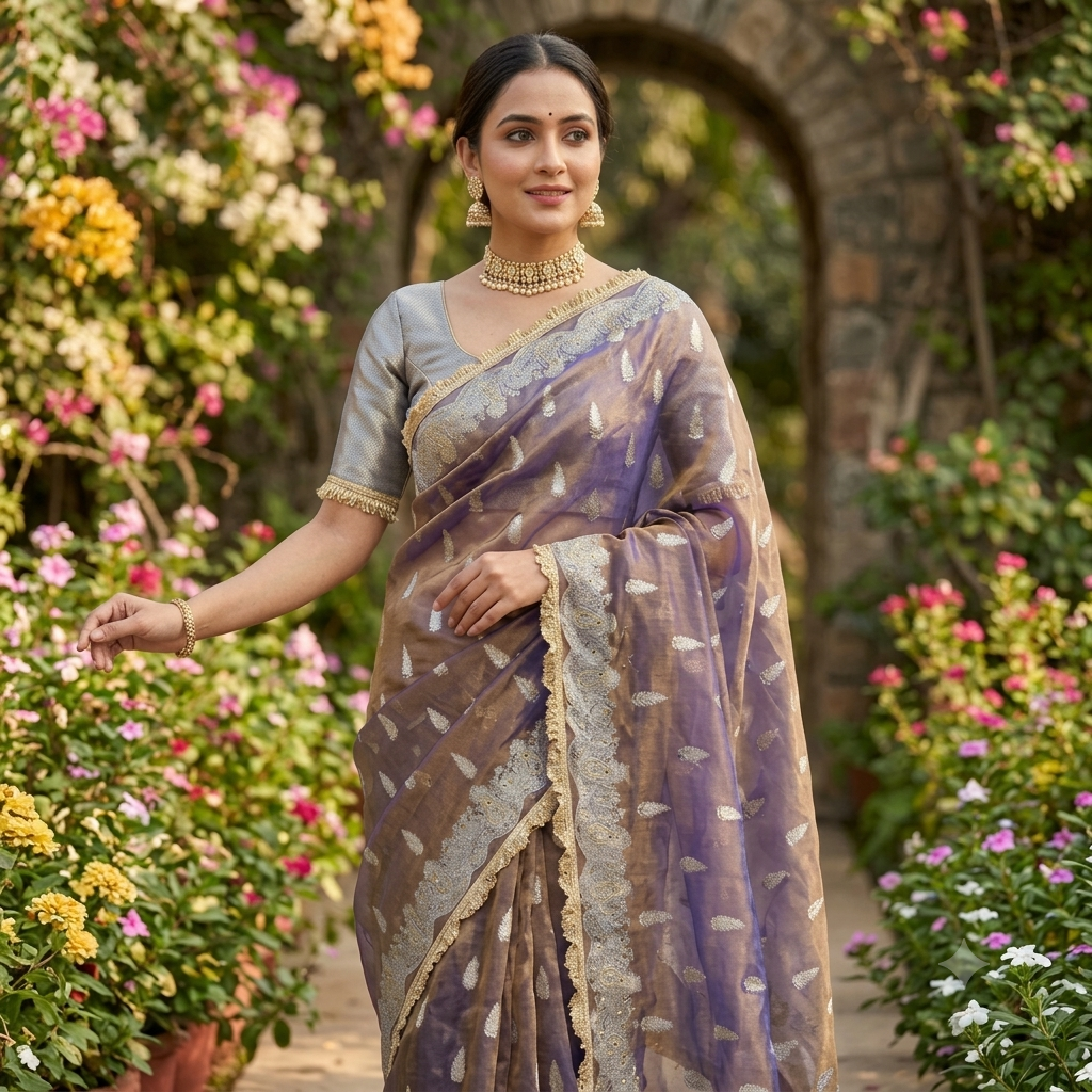 Navy blue Banarasi Tissue Silk Saree Sparkling Stone Work with Lace Alna Apparels