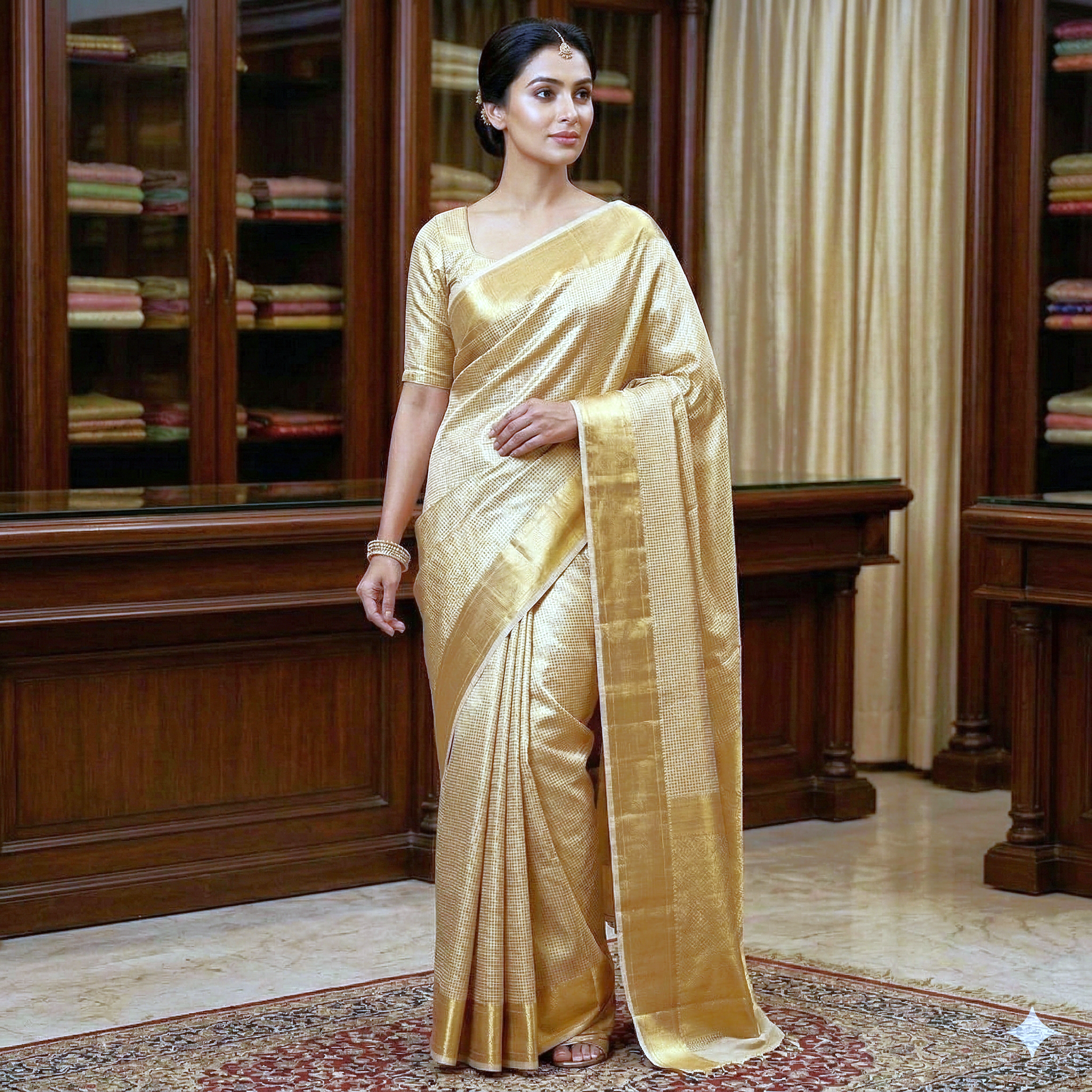 Nayantara inspired Gold Banarasi Tissue Silk Saree Alna Apparels