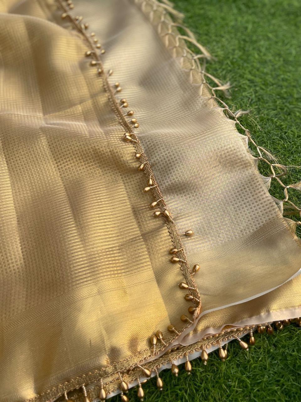 Nayantara inspired Gold Banarasi Tissue Silk Saree with Lace - Alna Apparels