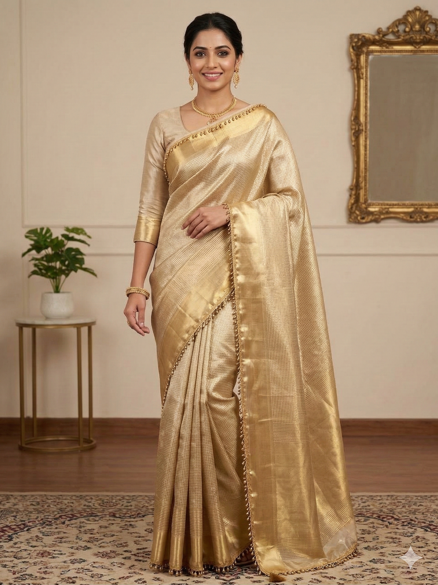 Nayantara inspired Gold Banarasi Tissue Silk Saree with Lace Alna Apparels