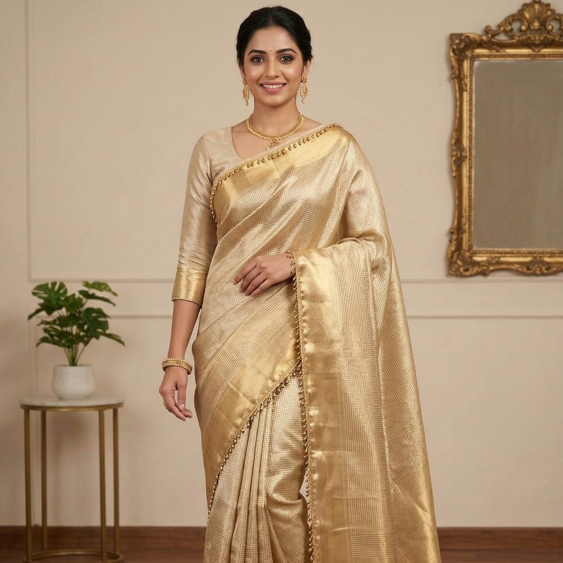 Nayantara inspired Gold Banarasi Tissue Silk Saree with Lace Alna Apparels