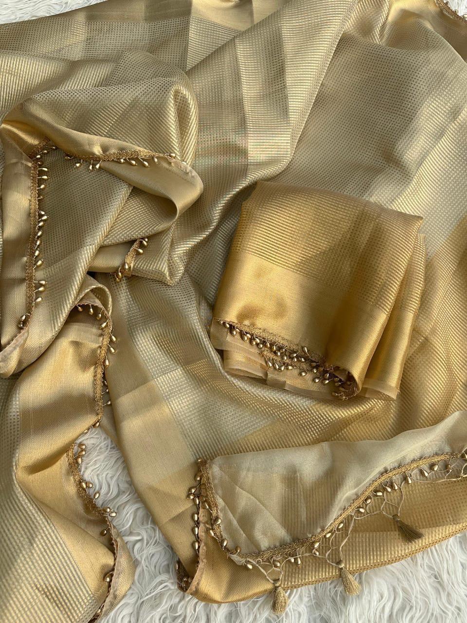 Nayantara inspired Gold Banarasi Tissue Silk Saree with Lace - Alna Apparels