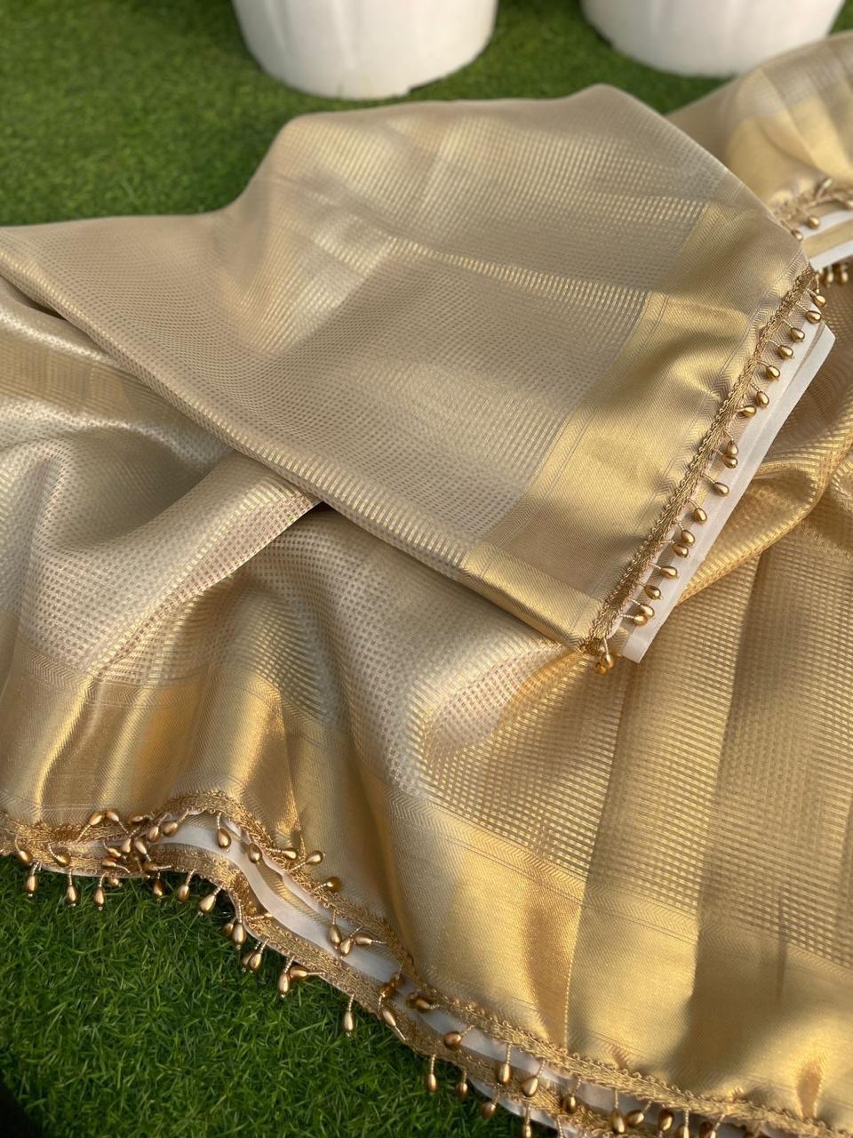 Nayantara inspired Gold Banarasi Tissue Silk Saree with Lace - Alna Apparels