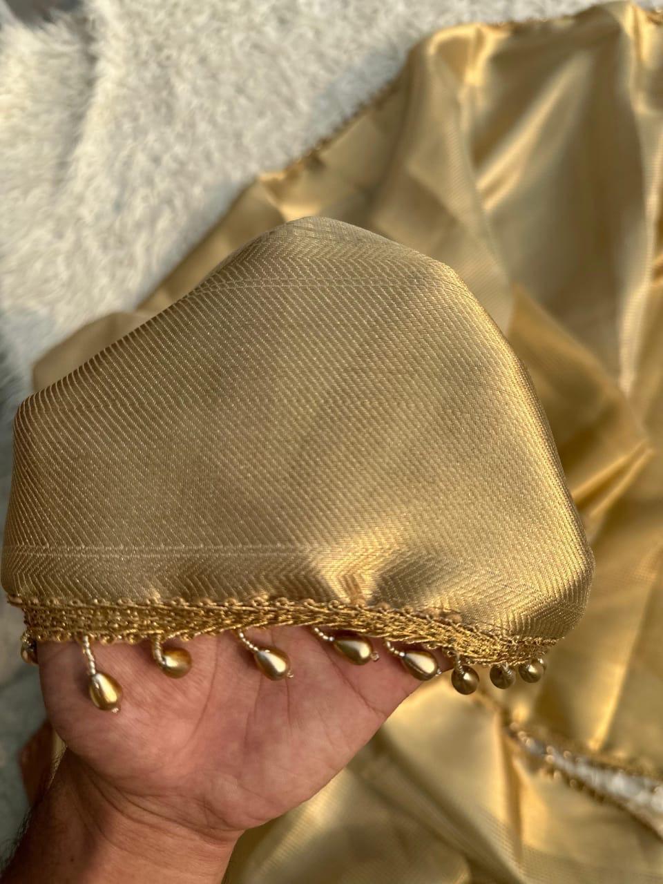 Nayantara inspired Gold Banarasi Tissue Silk Saree with Lace - Alna Apparels