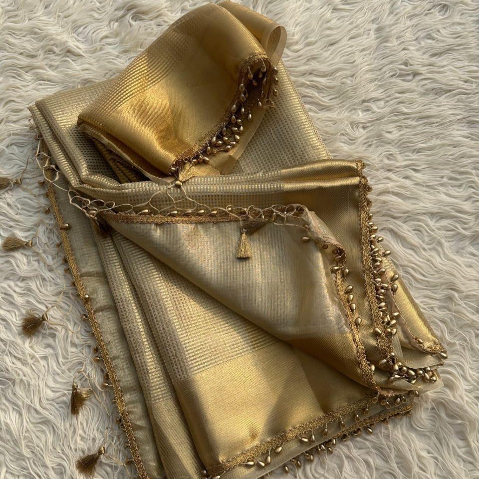 Nayantara inspired Gold Banarasi Tissue Silk Saree with Lace - Alna Apparels