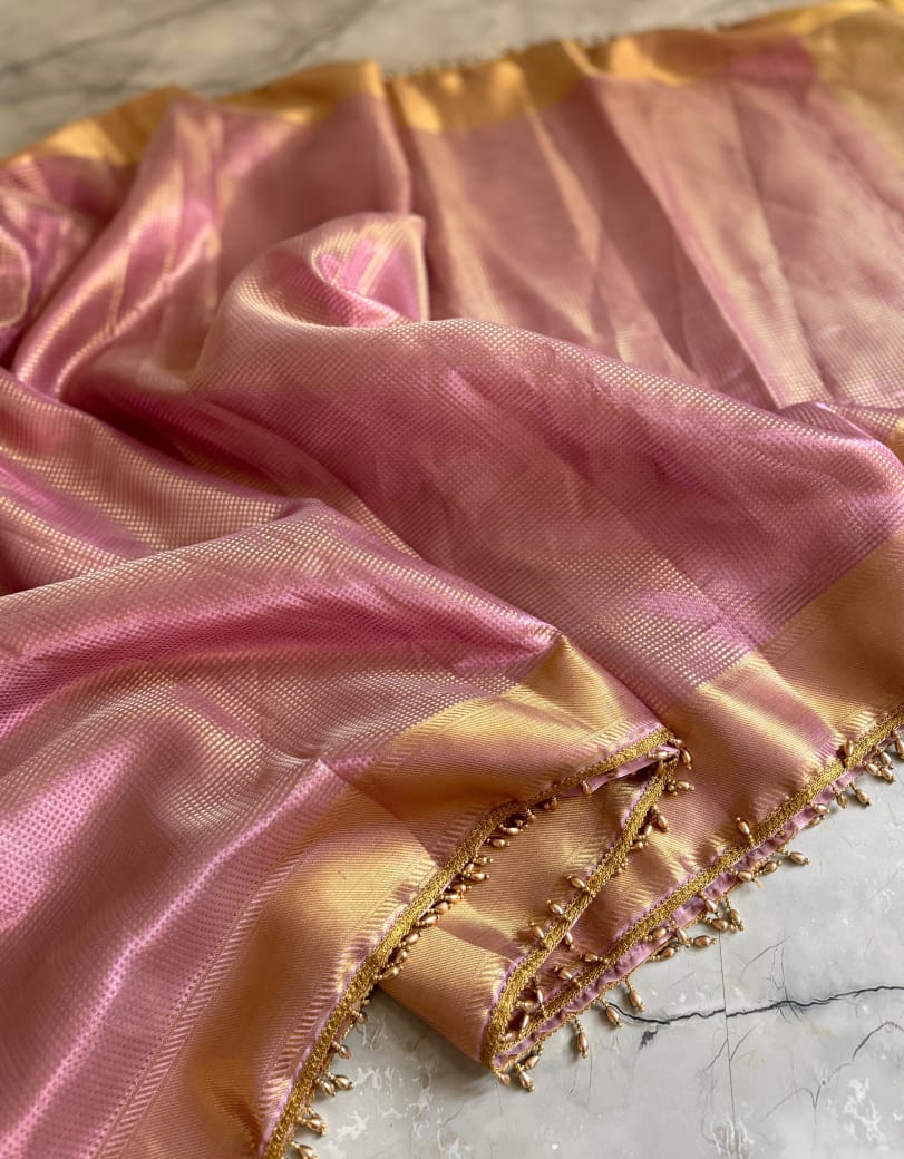 Nayantara inspired Pink Banarasi Tissue Silk Saree with Lace - Alna Apparels