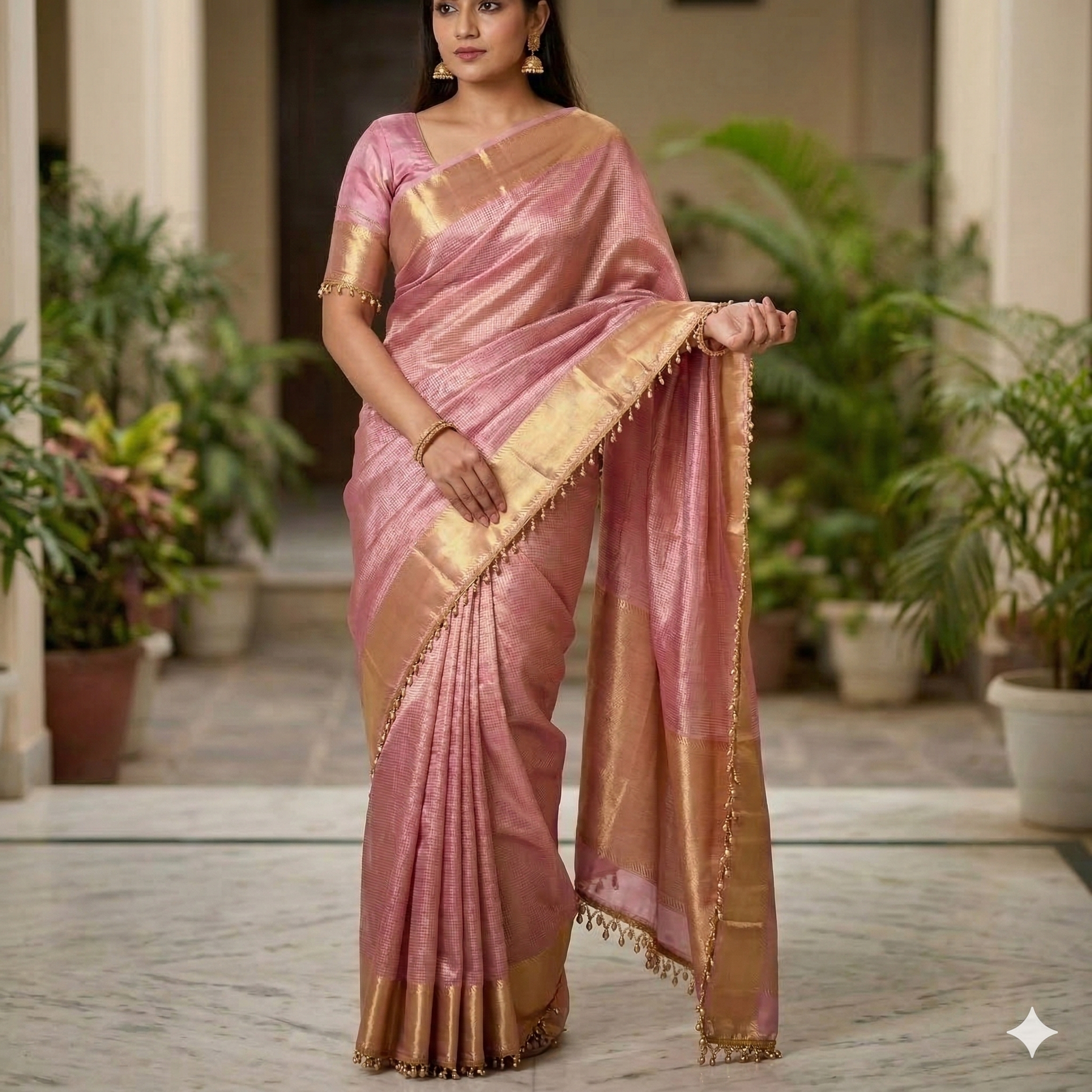 Nayantara inspired Pink Banarasi Tissue Silk Saree with Lace Alna Apparels