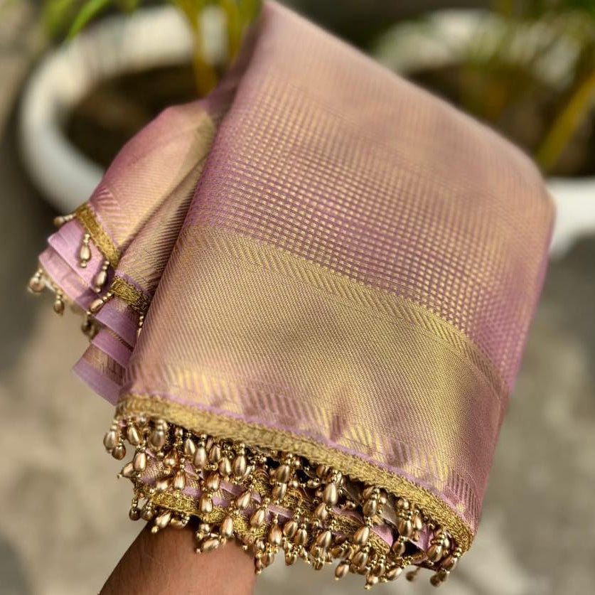 Nayantara inspired Pink Banarasi Tissue Silk Saree with Lace - Alna Apparels