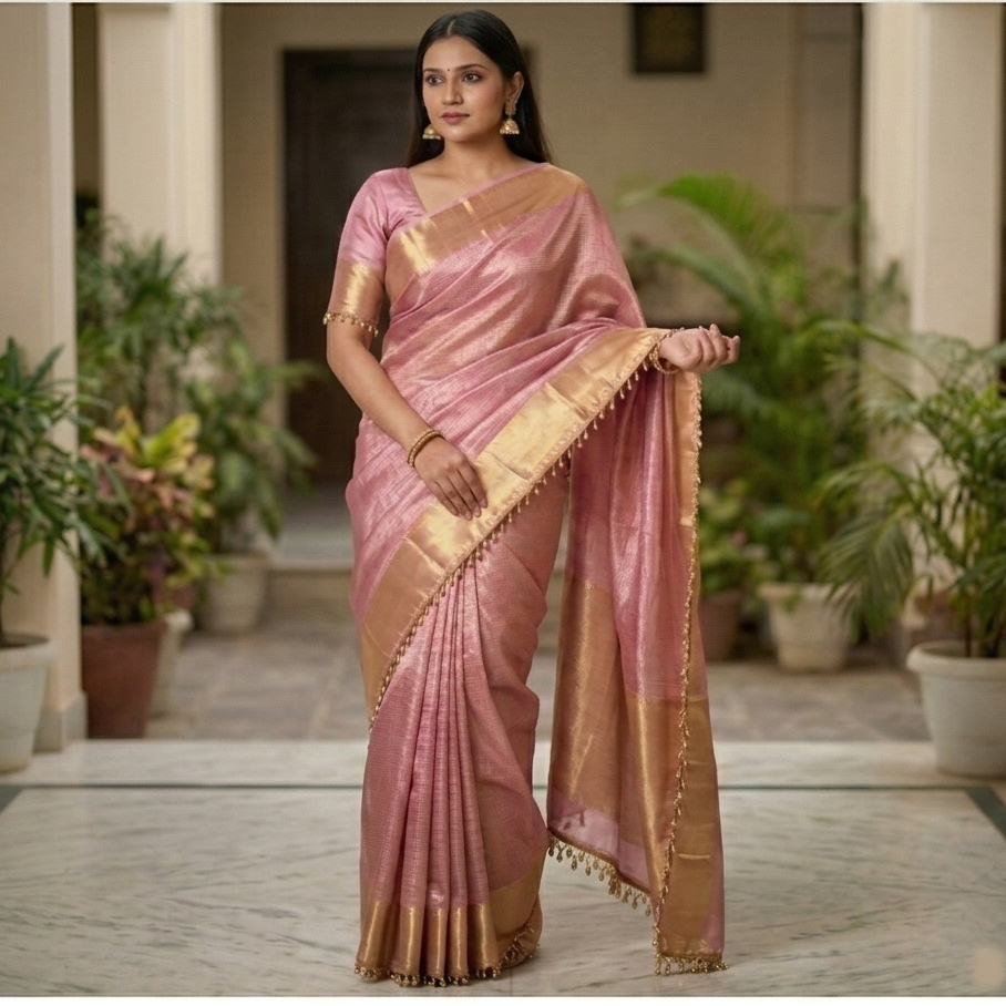 Nayantara inspired Pink Banarasi Tissue Silk Saree with Lace Alna Apparels