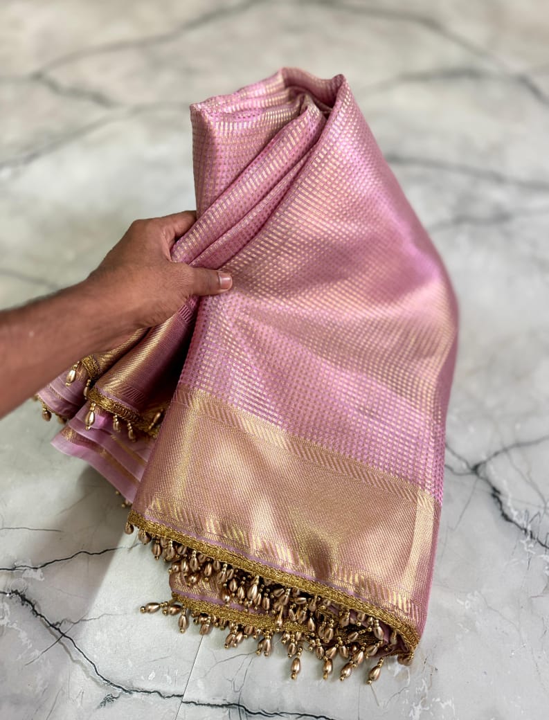 Nayantara inspired Pink Banarasi Tissue Silk Saree with Lace - Alna Apparels