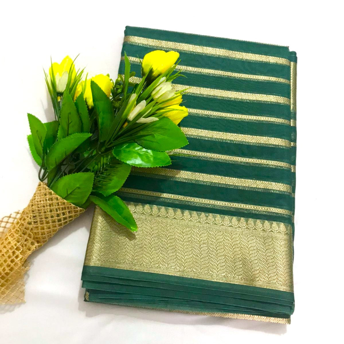 Olive Green Banarasi Organza Silk Saree - Alna Apparels