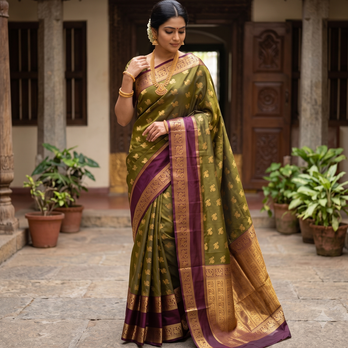 Olive green Banarasi Semi Kathan Silk Saree Alna Apparels