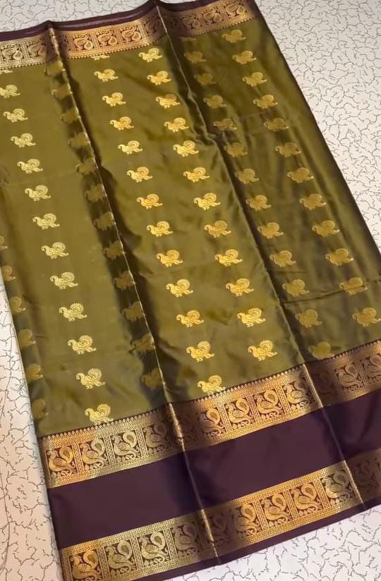 Olive green Banarasi Semi Kathan Silk Saree Alna Apparels