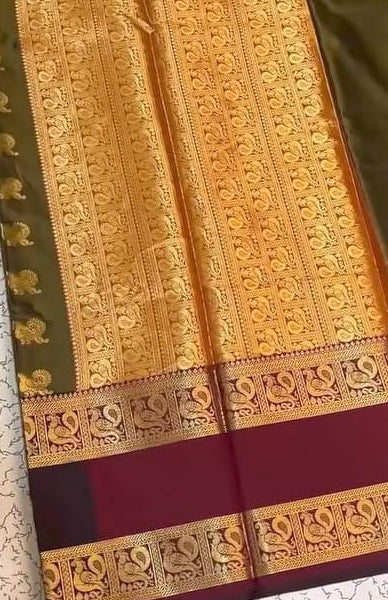 Olive green Banarasi Semi Kathan Silk Saree Alna Apparels