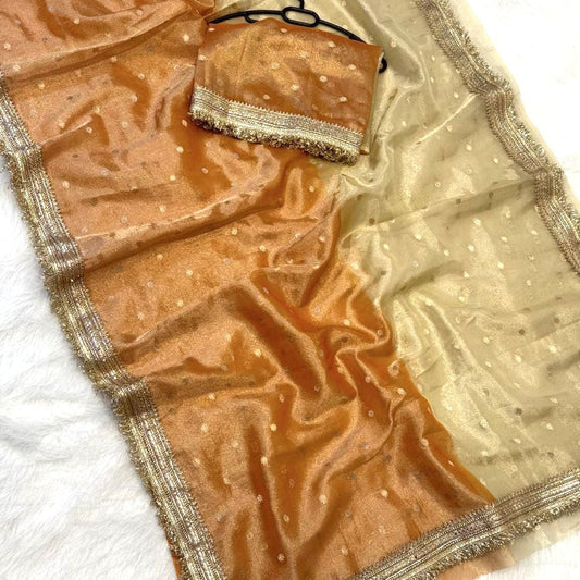 Orange Banarasi Tissue Silk Saree with Lace Work Alna Apparels