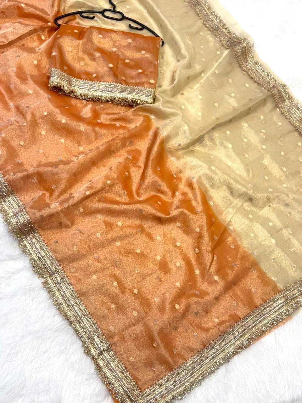Orange Banarasi Tissue Silk Saree with Lace Work Alna Apparels