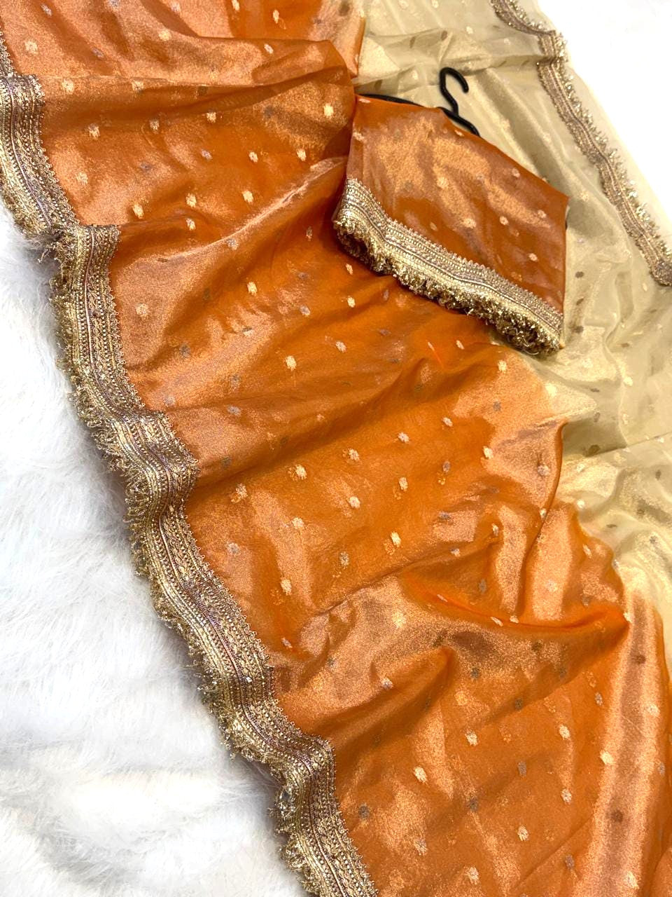 Orange Banarasi Tissue Silk Saree with Lace Work Alna Apparels