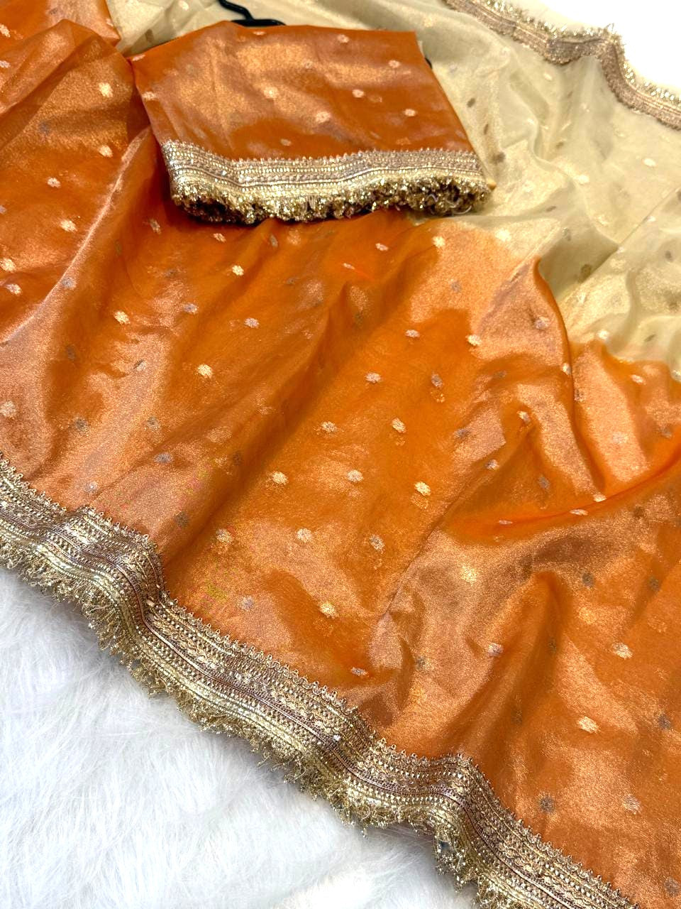 Orange Banarasi Tissue Silk Saree with Lace Work Alna Apparels