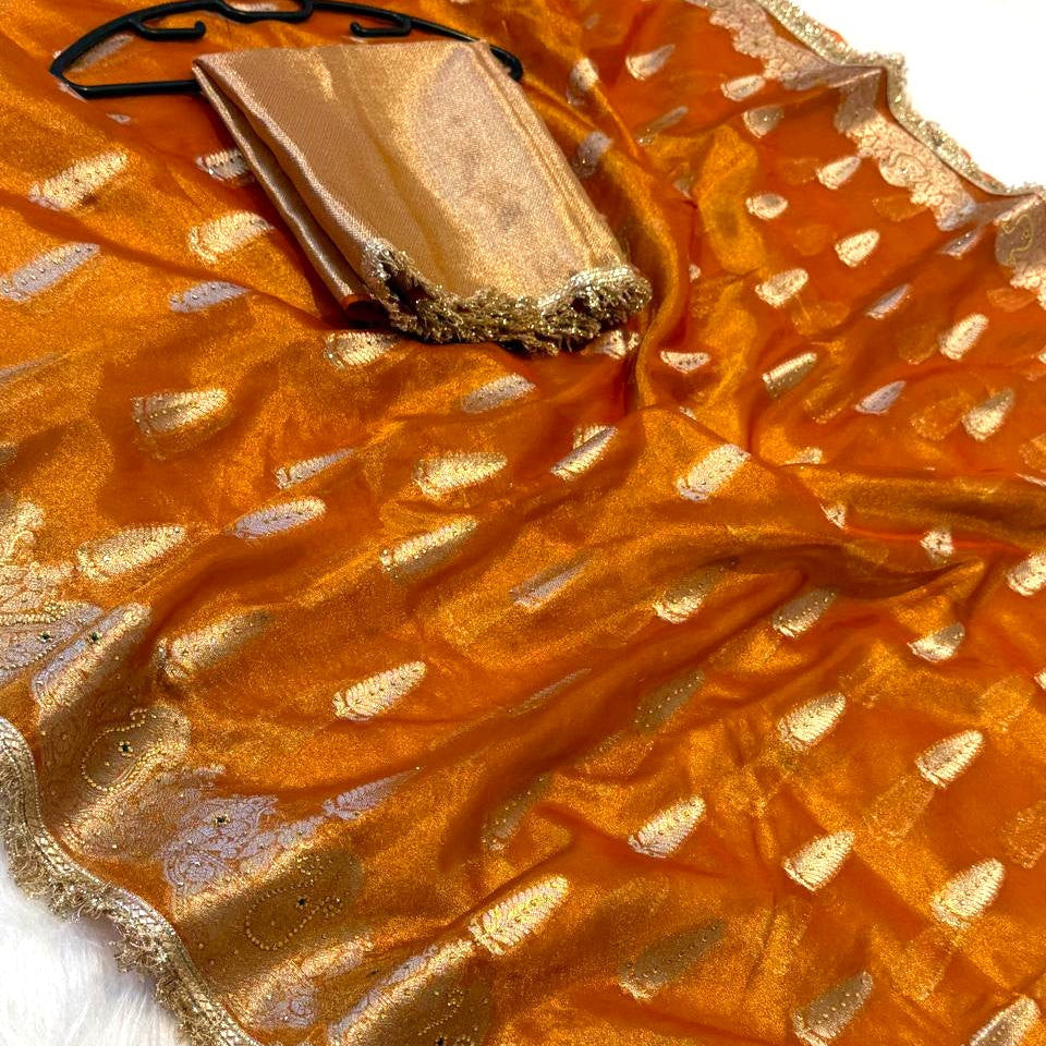 Orange Banarasi Tissue Silk Saree Sparkling Stone Work with Lace Alna Apparels