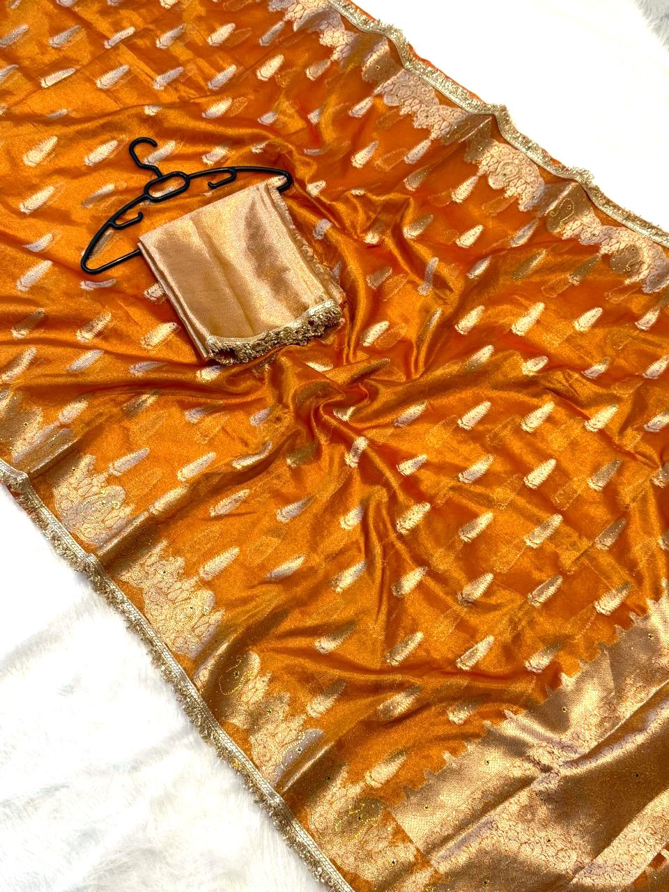 Orange Banarasi Tissue Silk Saree Sparkling Stone Work with Lace Alna Apparels