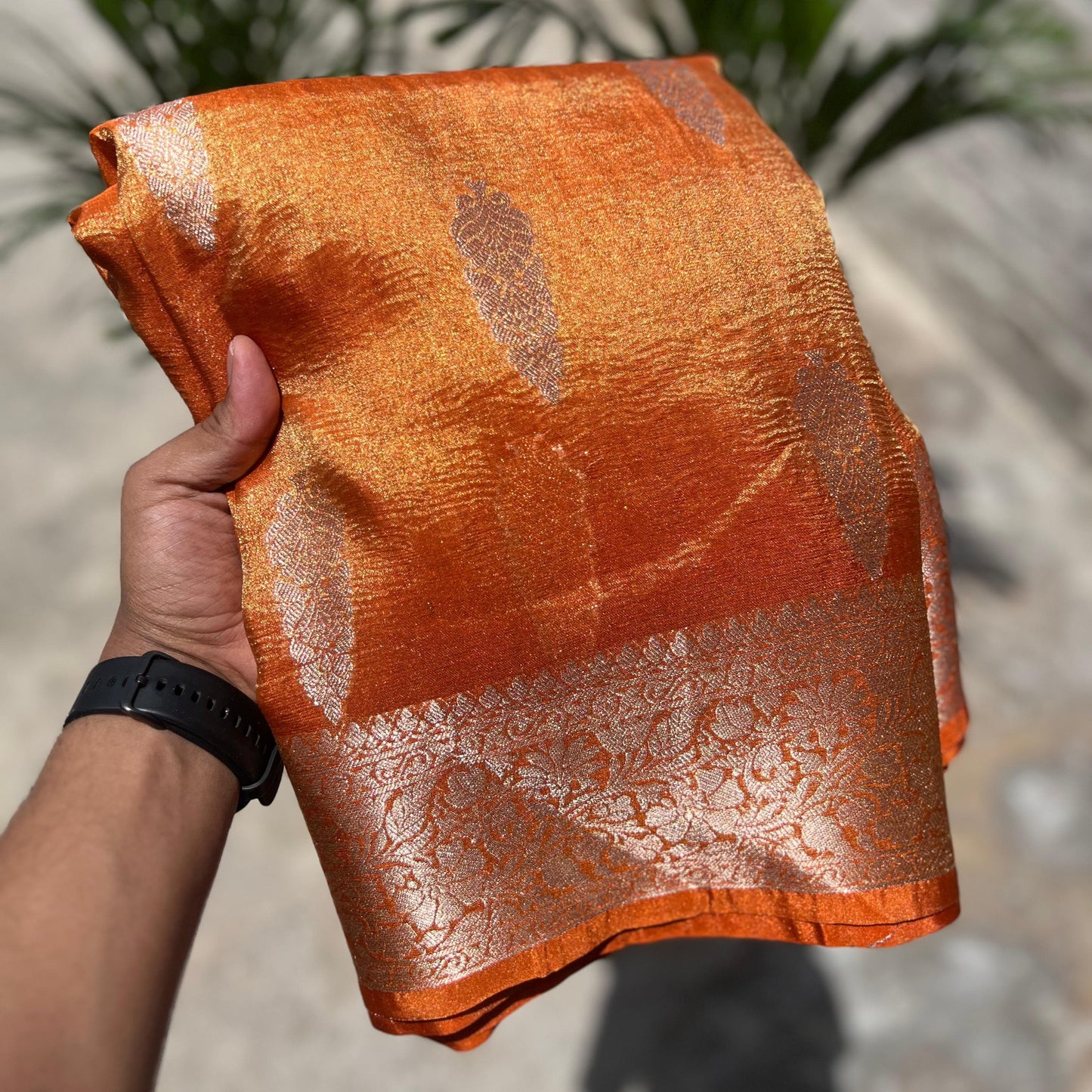 Orange Banarasi Crush Tissue Silk Saree - Alna Apparels
