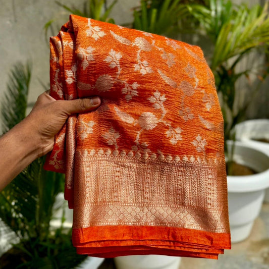 Orange Banarasi Crush Tissue Silk Saree Alna Apparels